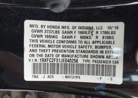 2018 Honda Civic Lx из США, поврежденный, VIN 19XFC2F51JE040256